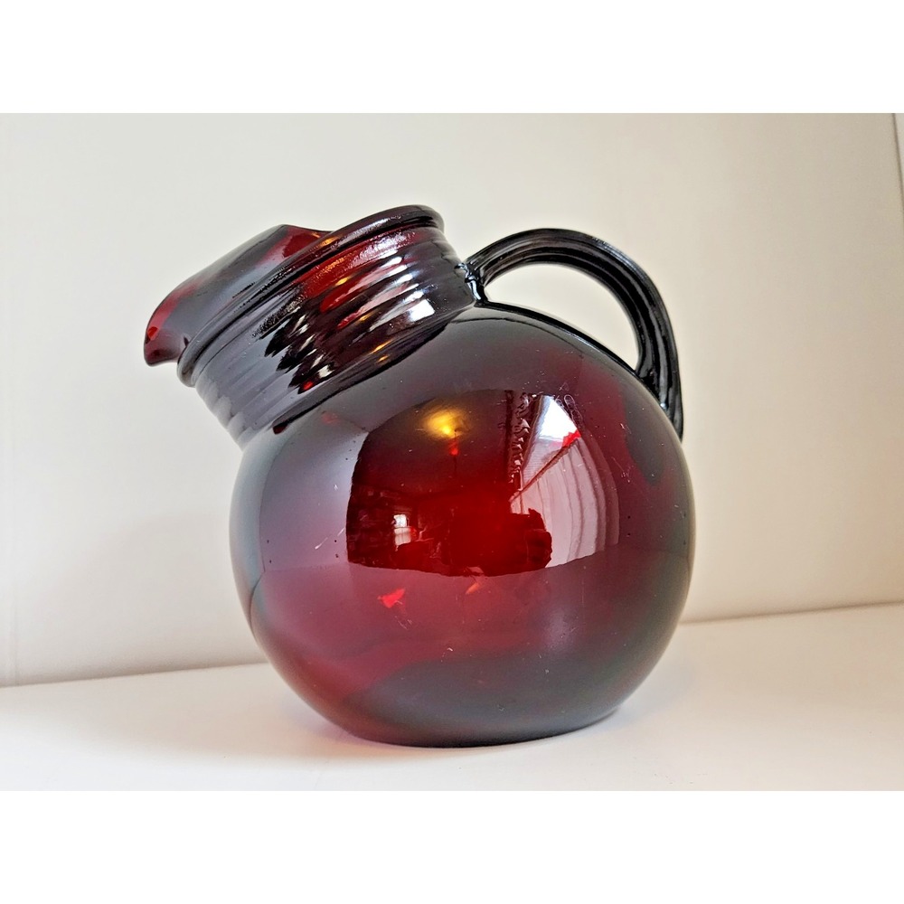 Vintage Anchor Hocking Fire King Ruby Red Glass 6" Tilt Ball Pitcher Ice Lip